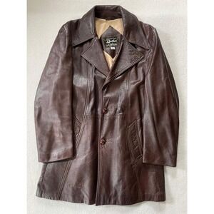 Grais Mens 40 Reg Leather Car Coat Brown Vintage 70s Made in USA Mid Length